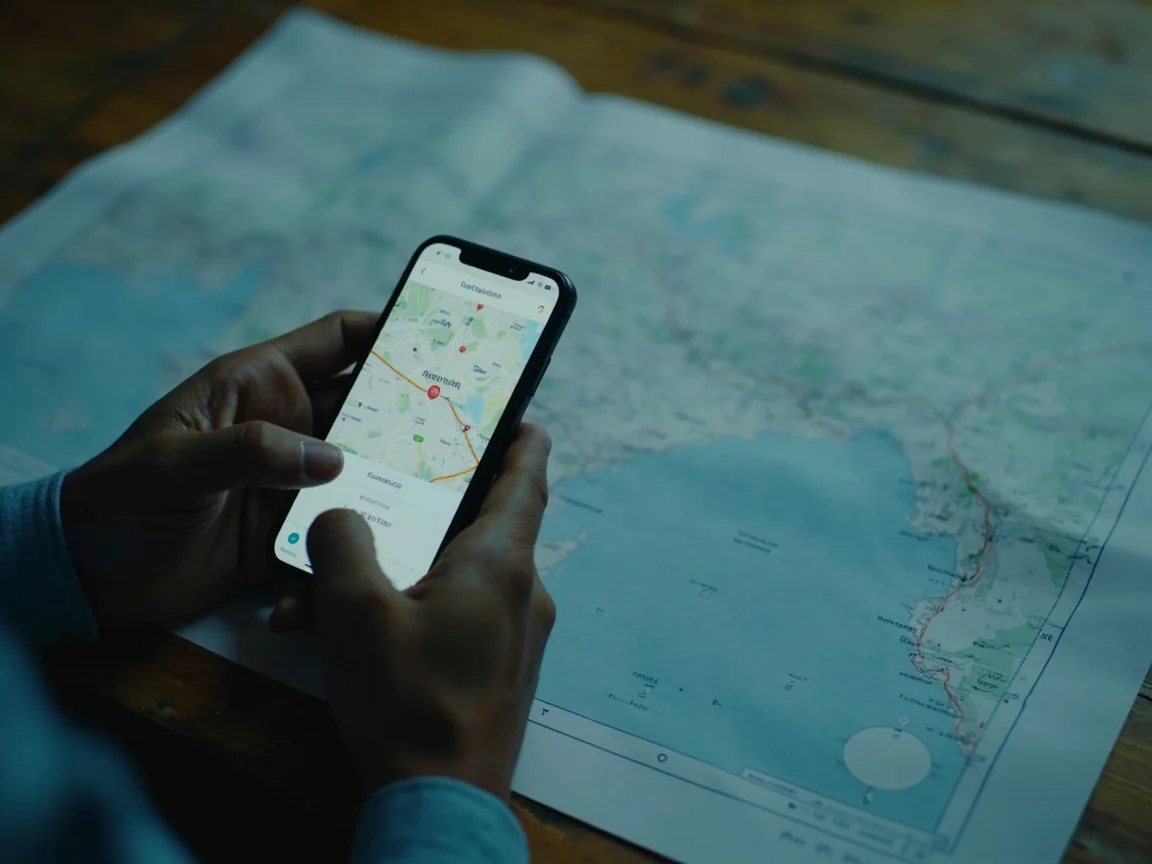 Adult comparing location settings on a phone with a regional map on a desk
