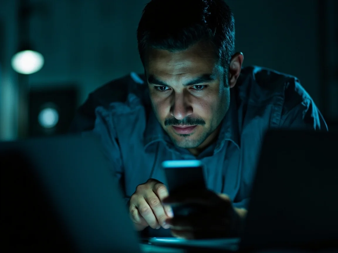 Reader pausing to inspect a suspicious link on a phone beside an open laptop