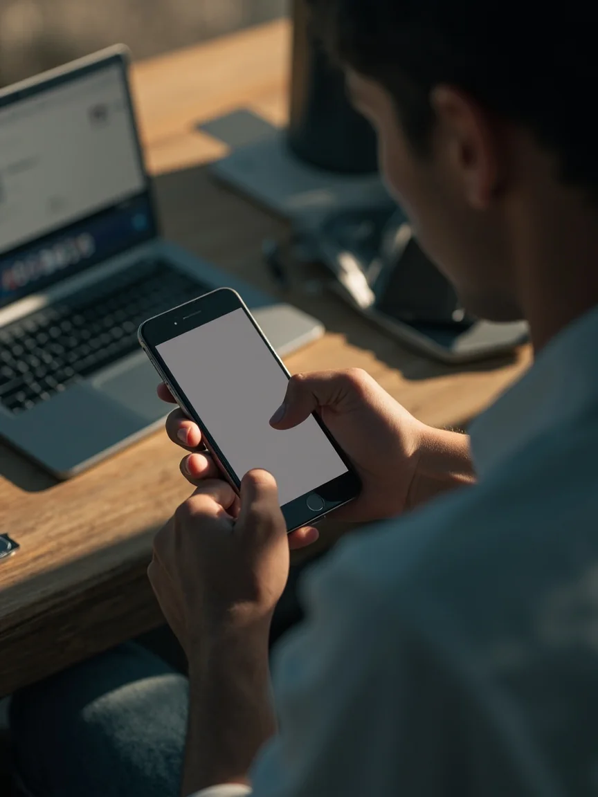 Saving the verified website address to a phone bookmark beside a laptop