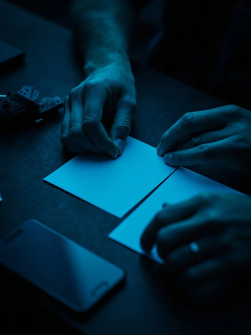 Hands arranging evidence cards, a recorder and a smartphone on an editorial desk
