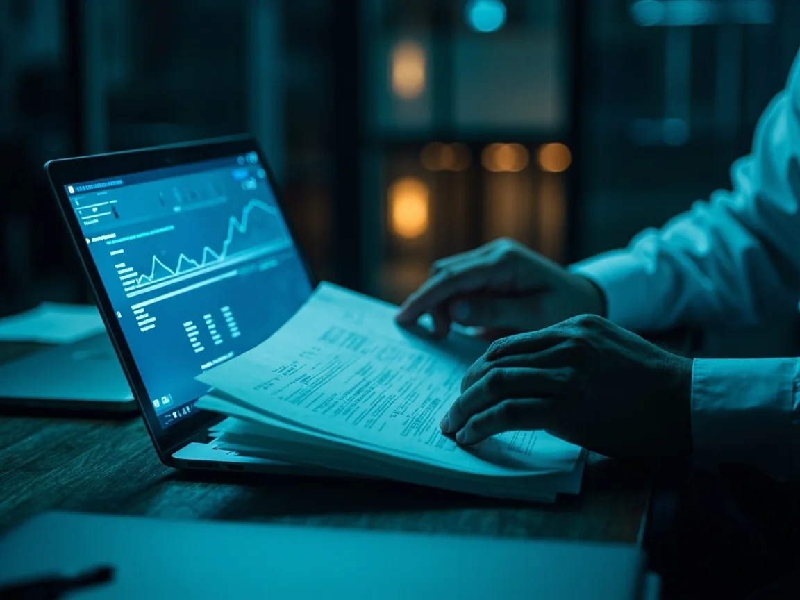 Researcher comparing corporate records on a laptop with paper files