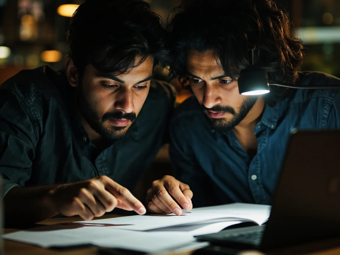 Two editors comparing evidence across a laptop, tablet and notebook at a publication desk