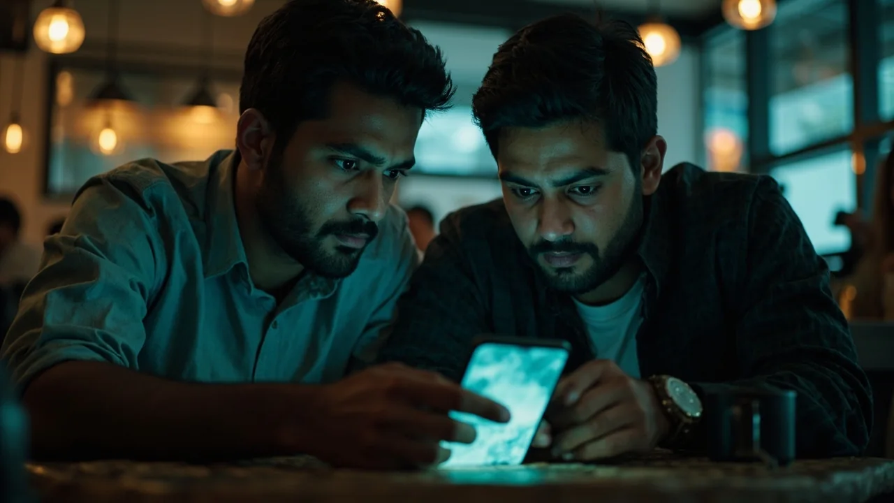Two friends reviewing referral terms on a smartphone at a cafe table