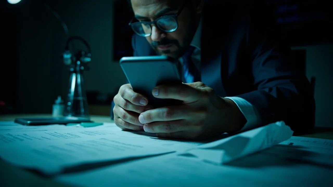 Editorial reviewer testing a mobile sports service at a working newsroom desk