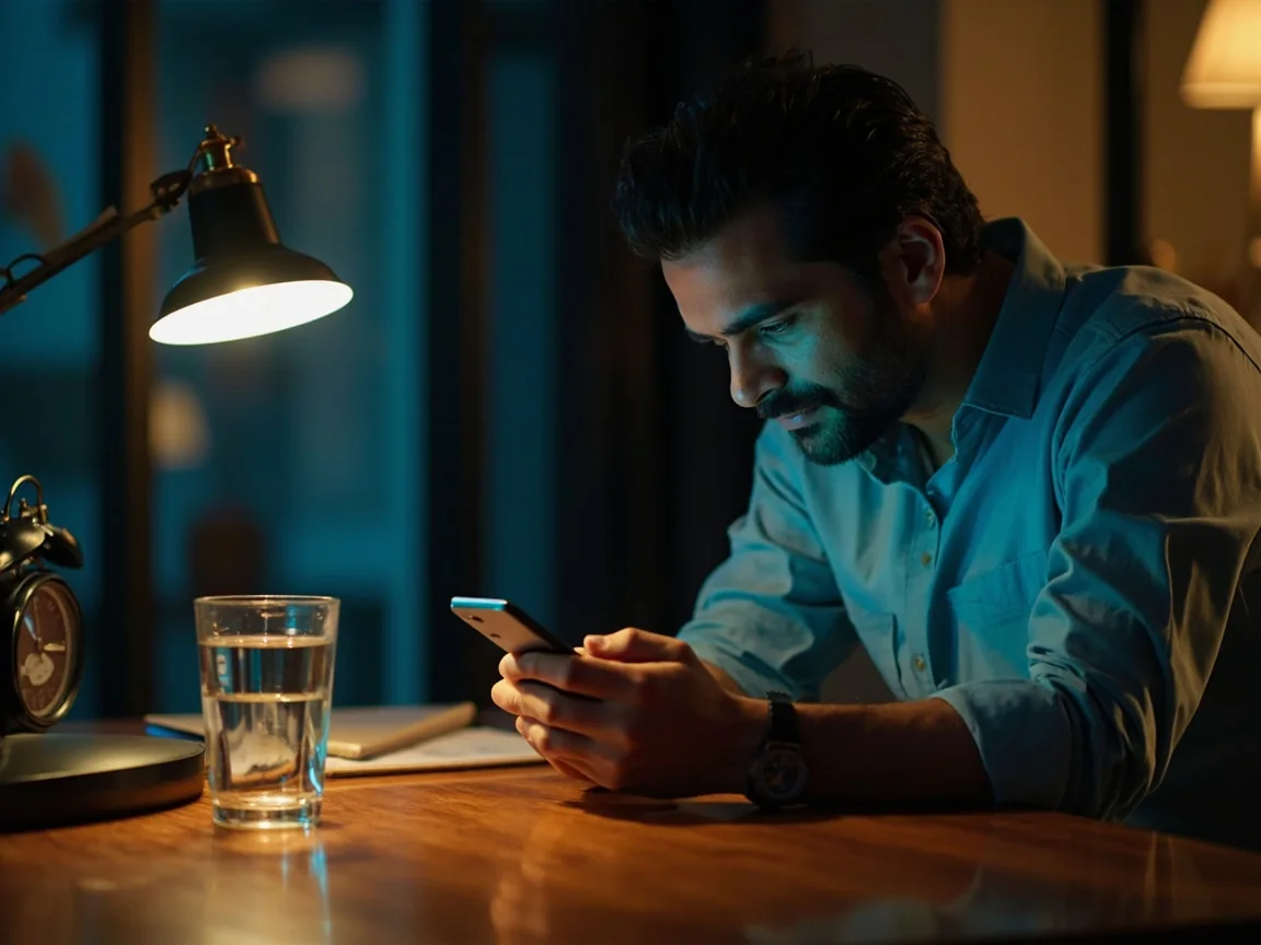Reader placing a phone face down beside a glass of water during a deliberate break from the feed