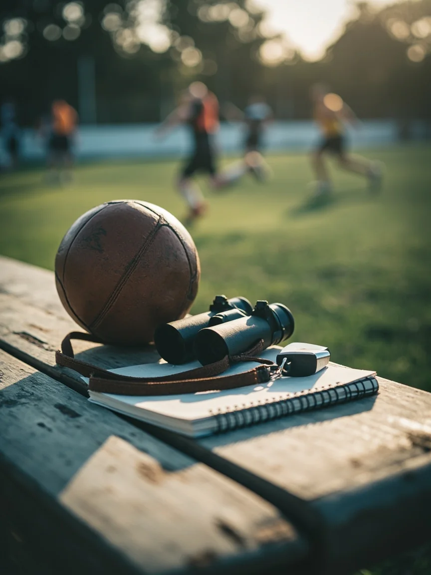 Cricket bat, football, racket and notebook arranged on a dark wooden bench