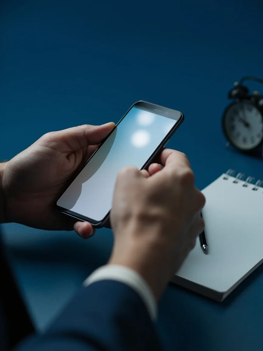 Hands photographing a phone screen for a withdrawal support record beside a notebook