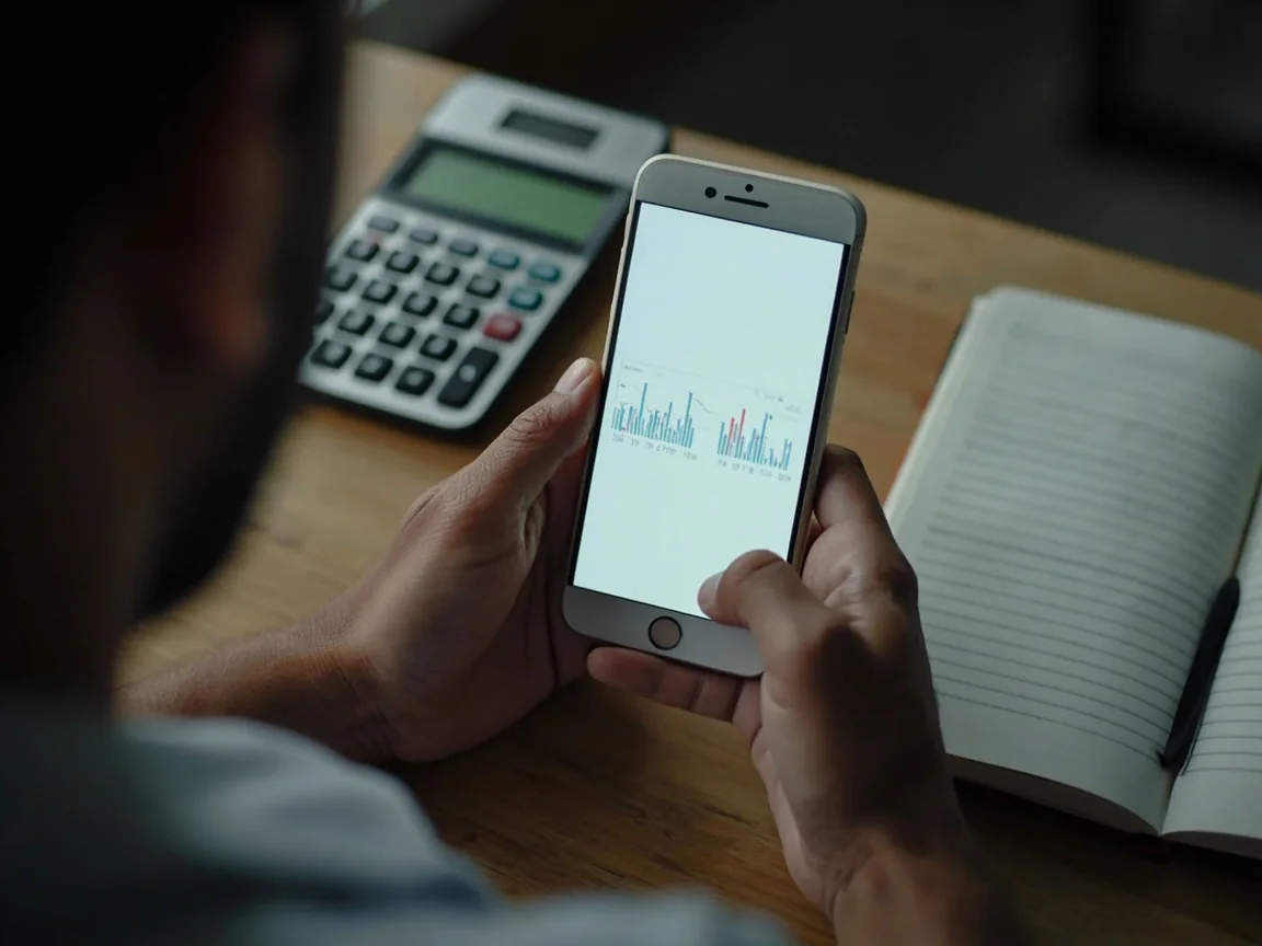 Reader reviewing a transaction history on a phone beside a calculator and notebook