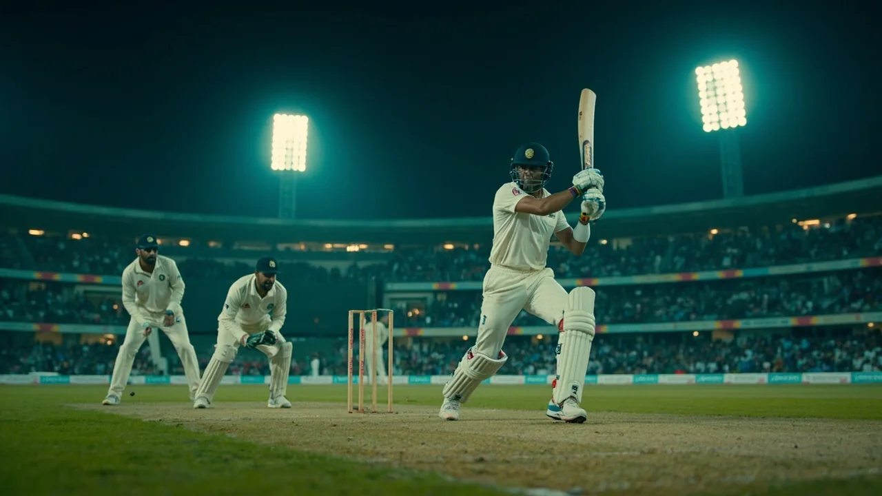 A night cricket match under floodlights with batters and fielders in position