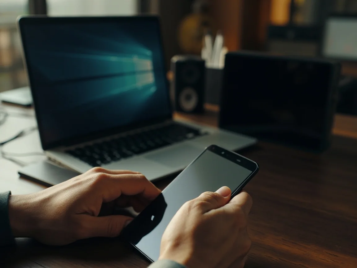 User backing up personal records from a smartphone to a laptop at a desk