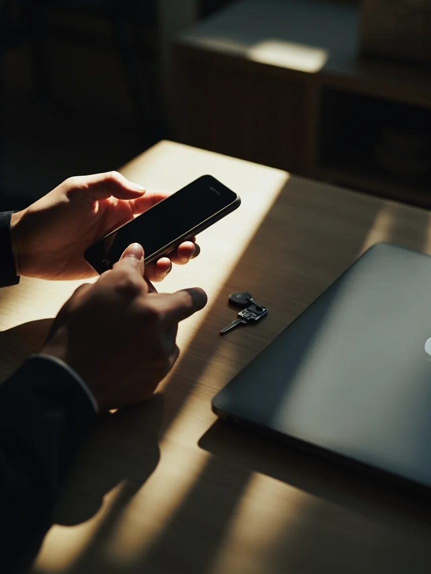 Hands removing account access from a smartphone beside a closed laptop and security key