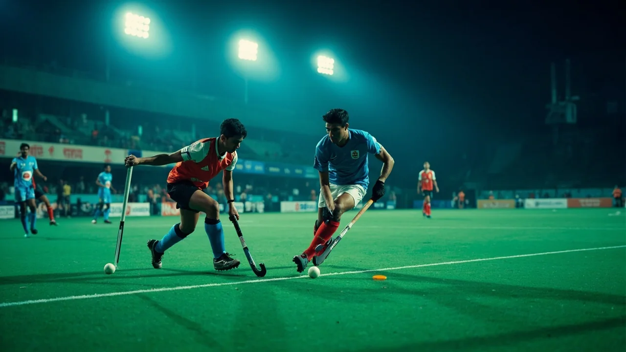 Hockey match under floodlights with attackers entering the circle