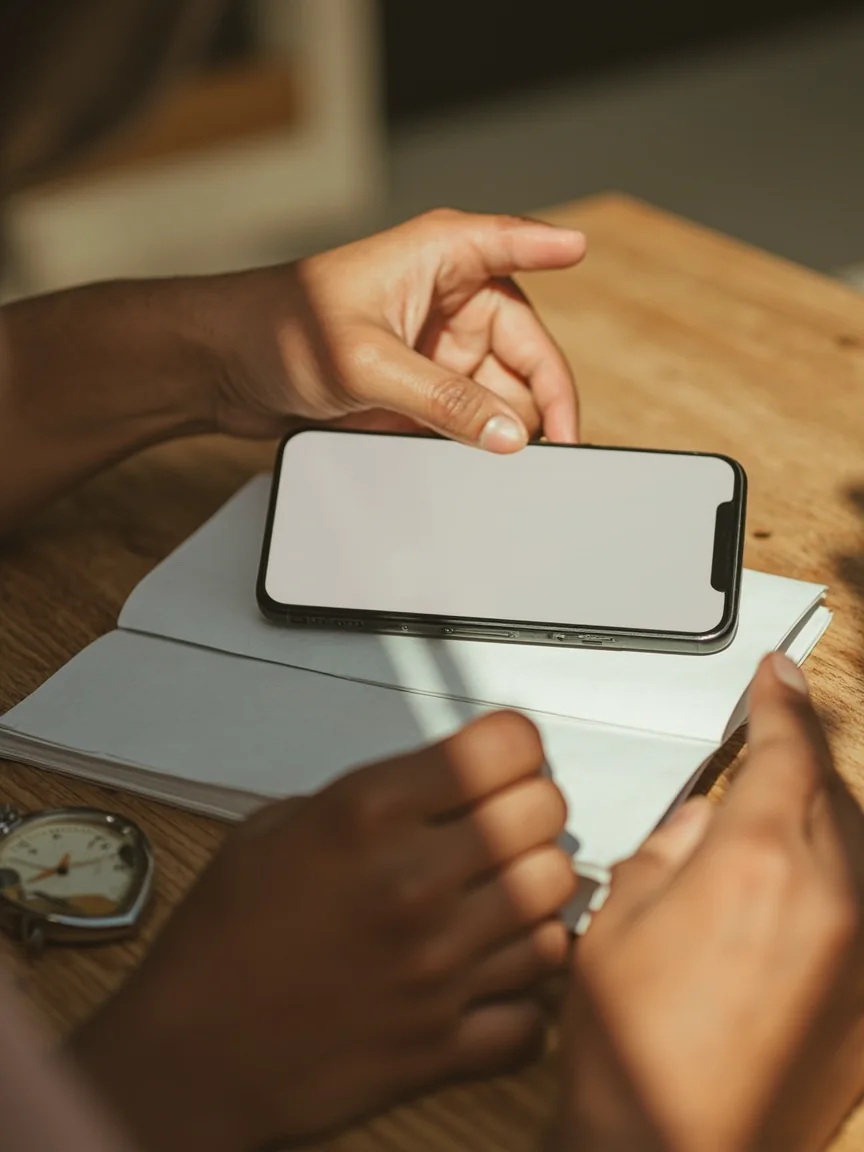 Adult setting a phone aside beside a household budget notebook and timer