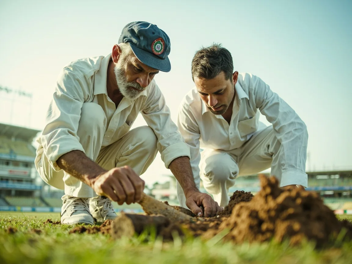 Groundskeeper and analyst inspecting a real cricket pitch before play