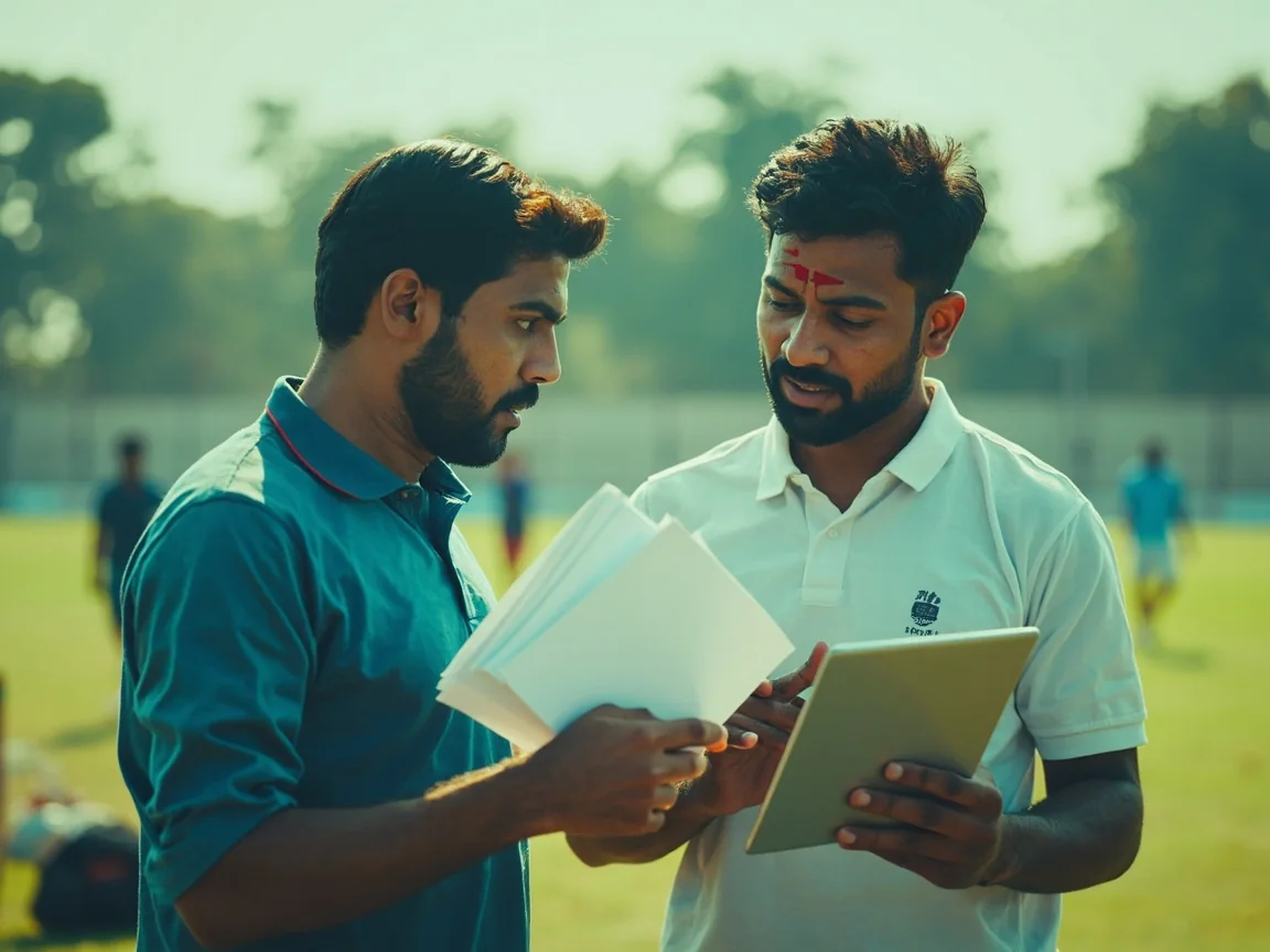 Two adults discussing player selection with paper cards and a tablet beside a cricket ground