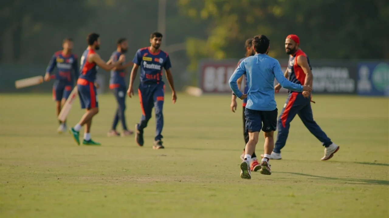 Purani Dilli-6 captain and coach pointing at a tactics board on the outfield with fielders gathered round during a break in play