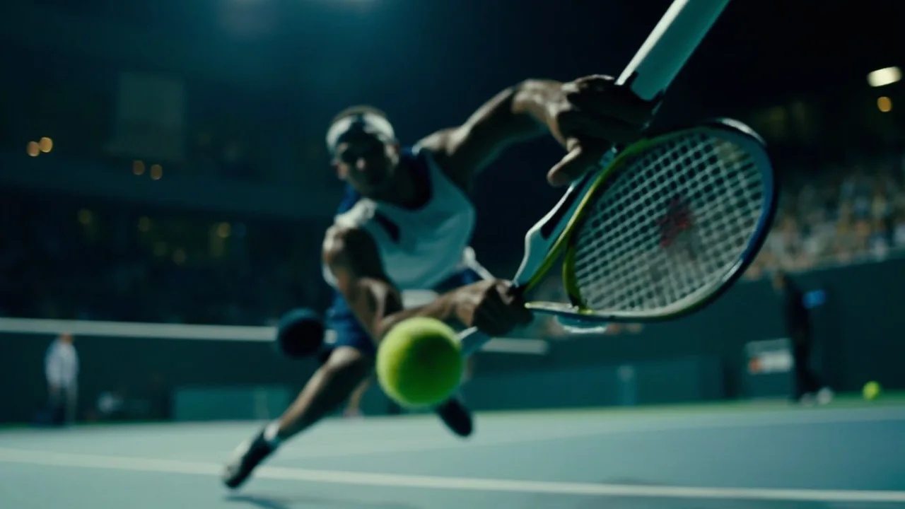 Center court tennis match in progress with a serve in play
